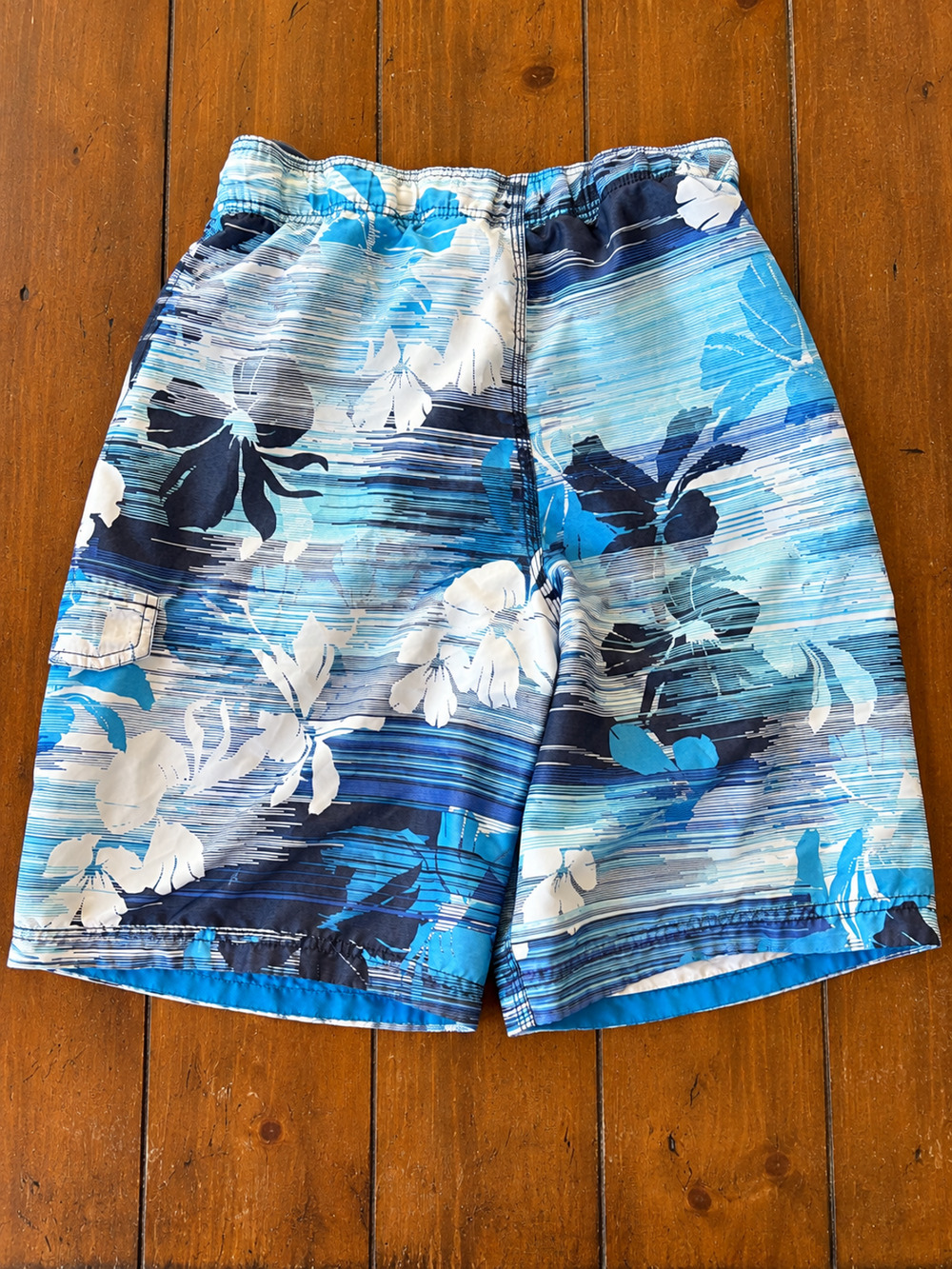 Men’s Blue Tropical Floral Swim Trunks Board Shorts Drawstring Cargo Pocket